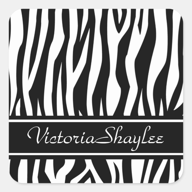 Schwarze Zebra-Print mit benutzerdefiniertem Text Quadratischer Aufkleber (Vorderseite)