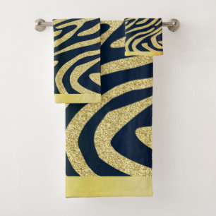 Schwarze Zebra-Skin-Streifen auf Gold-Glitzer Badhandtuch Set