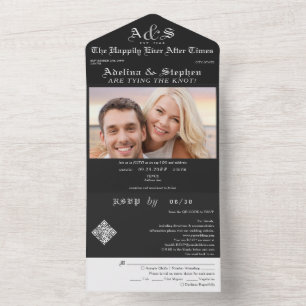 Schwarze Zeitung Happy End QR-Code Hochzeit All In One Einladung