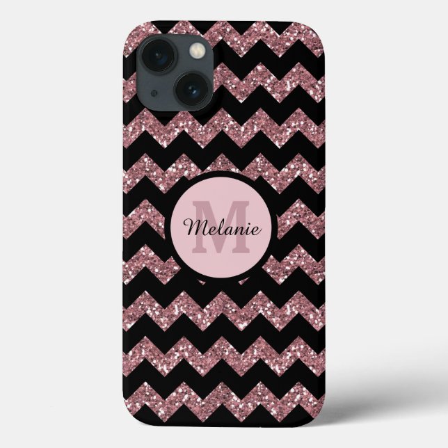 Schwarze Zickzack Rose Rosa Glitzer Monogramm Case-Mate iPhone Hülle (Rückseite)