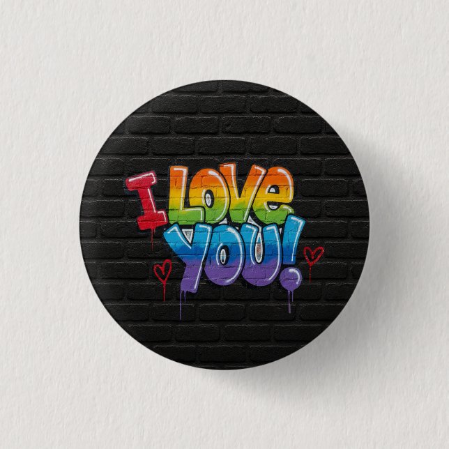 Schwarze Ziegelwand mit Graffiti „Ich liebe dich!“ Button (Vorderseite)
