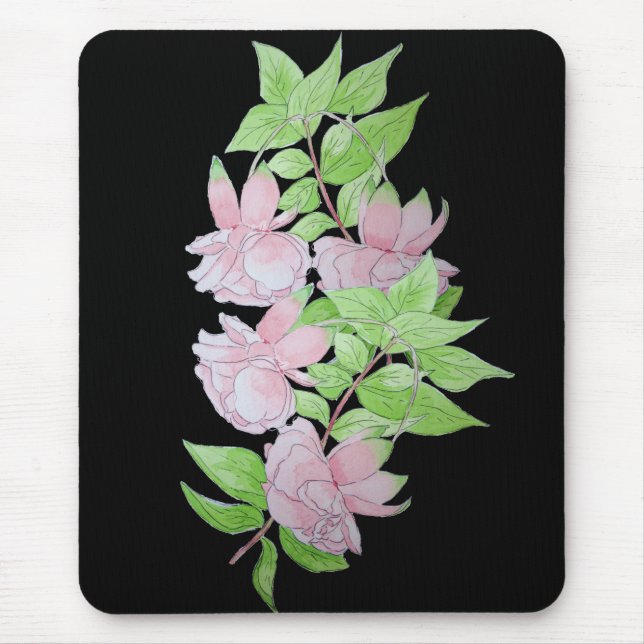 schwärzen Sie mit rosa Blumen ganz über Mousepad (Vorne)