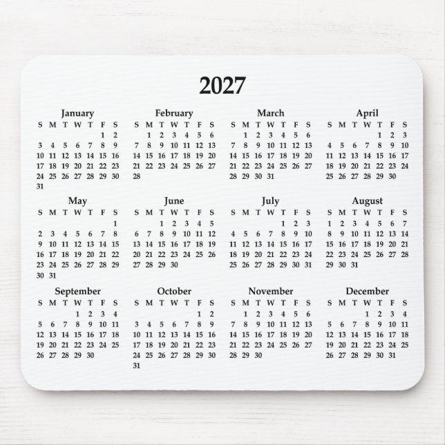 Schwarzer 2027-Kalender auf Weiß Mousepad (Vorne)