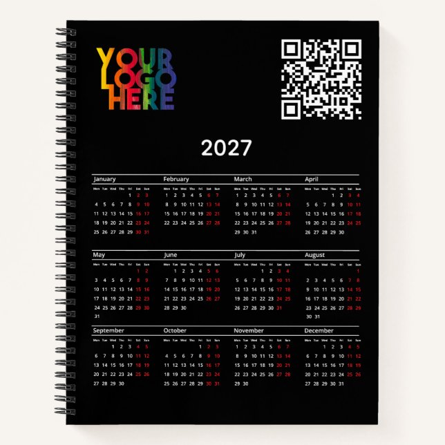 Schwarzer 2027-Kalender Geschäftslogo QR-Code Notizbuch (Vorderseite)