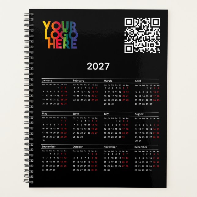 Schwarzer 2027-Kalender Geschäftslogo QR-Code Planer (Vorderseite)