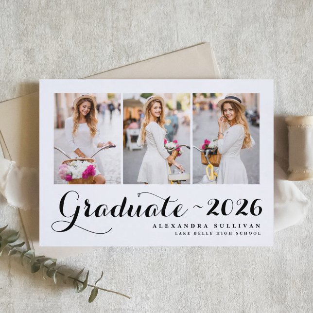 Schwarzer Abschluss 2024 Einladung (Customizable photo collage graduation invitation featuring modern calligraphy. )