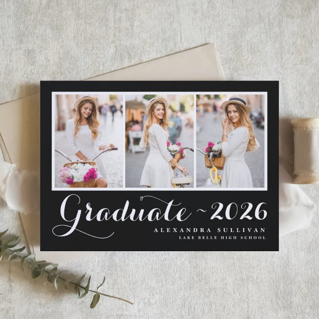 Schwarzer Abschluss 2025 Einladung (Customizable photo collage graduation invitation featuring modern typography. )