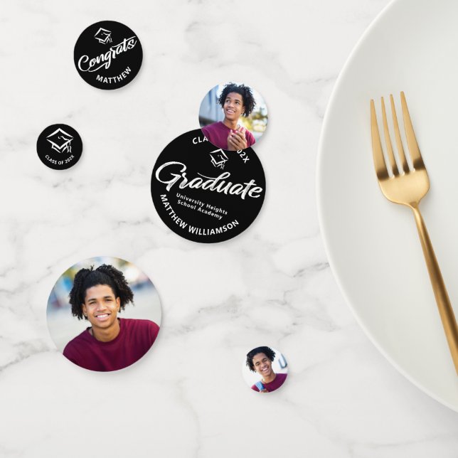 Schwarzer Abschluss 3 Foto Fett Weiße Script-Cap Konfetti (Gruppe)