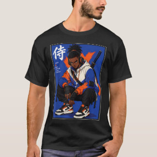 Schwarzer Anime-Samurai-Streetwear-Afro T-Shirt