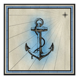Schwarzer Anker-Marinedruck mit blauem Rahmen Poster