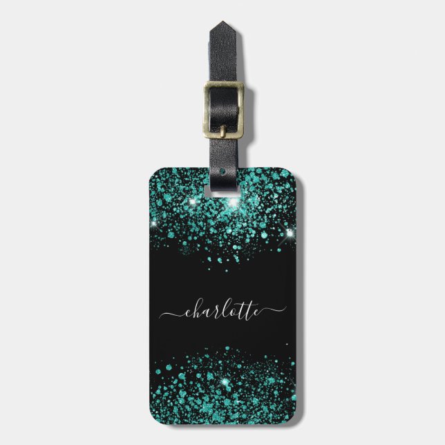 Schwarzer aquamariner Glitzer Staub Meergrün Monog Gepäckanhänger (Vorderseite vertikal)