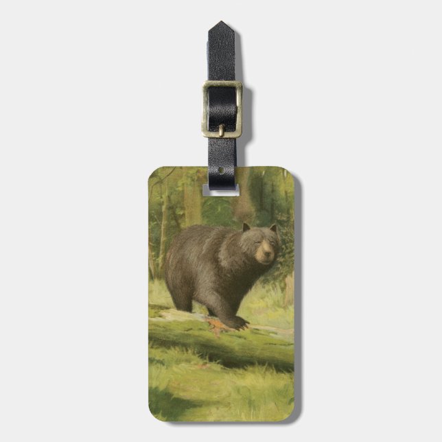 Schwarzer Bär, der auf einen Baum-Stamm tritt Gepäckanhänger (Vorderseite vertikal)