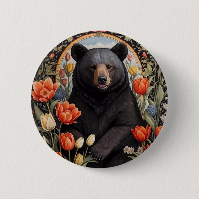 Schwarzer Bär farbenfrohe Tulip-Blume Button (Vorderseite)