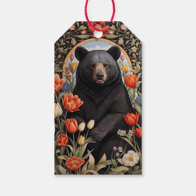 Schwarzer Bär farbenfrohe Tulip-Blume Geschenkanhänger (Vorderseite)