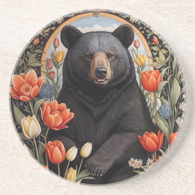 Schwarzer Bär farbenfrohe Tulip-Blume Getränkeuntersetzer (Vorne)
