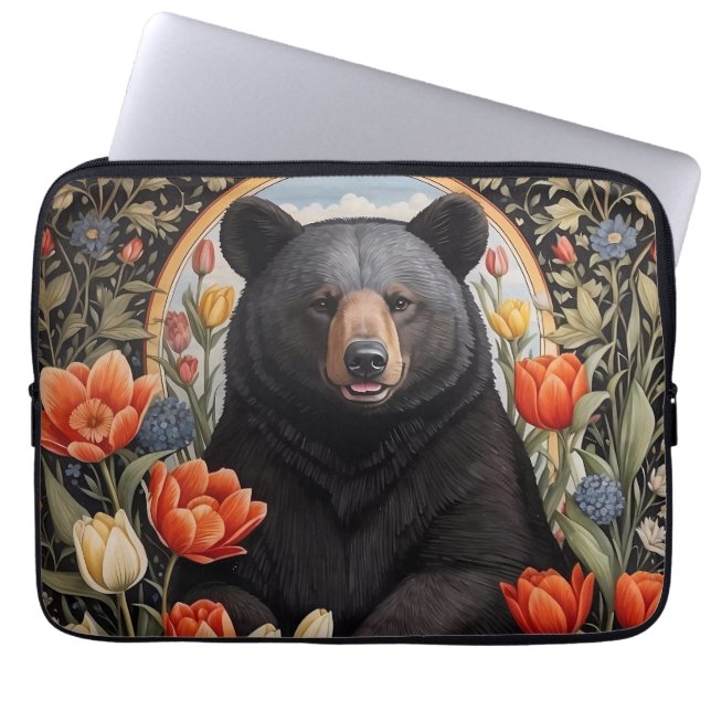 Schwarzer Bär farbenfrohe Tulip-Blume Laptopschutzhülle (Vorderseite)