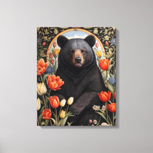 Schwarzer Bär farbenfrohe Tulip-Blume Leinwanddruck