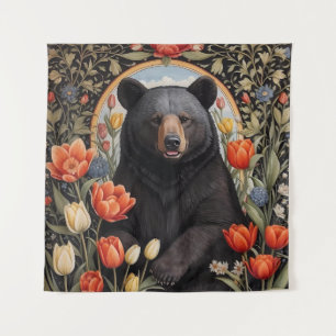 Schwarzer Bär farbenfrohe Tulip-Blume Wandteppich