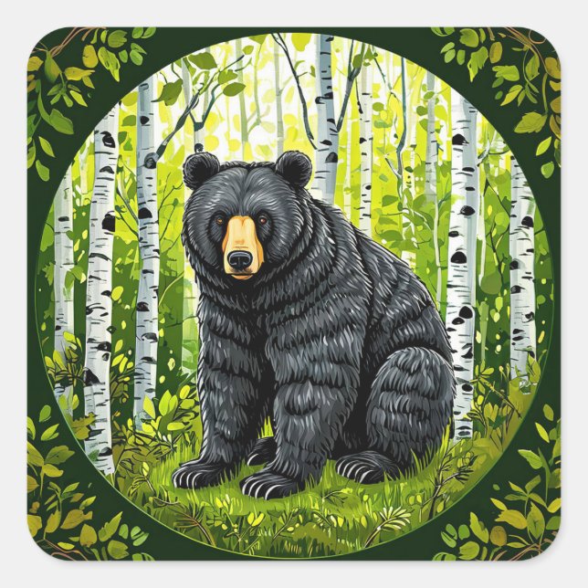 Schwarzer Bär im Birnenwald Quadratischer Aufkleber (Vorderseite)