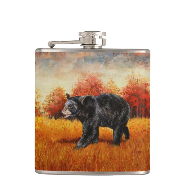 Schwarzer Bär im Herbstwald Flachmann (Vorderseite)