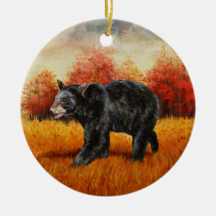 Schwarzer Bär im Herbstwald Keramik Ornament