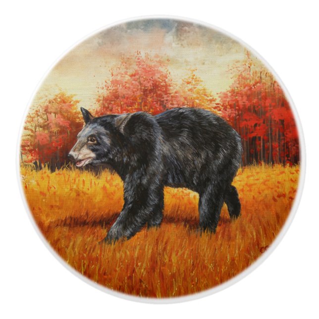 Schwarzer Bär im Herbstwald Keramikknauf (Vorderseite)