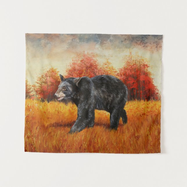 Schwarzer Bär im Herbstwald Wandteppich (Vorderseite (Horizontal))