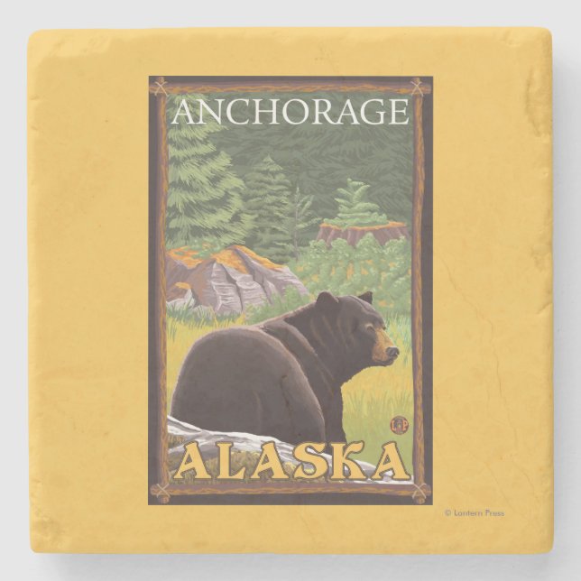 Schwarzer Bär im Wald - Anchorage, Alaska Steinuntersetzer (Vorderseite)
