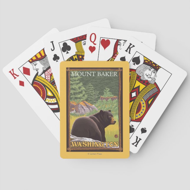 Schwarzer Bär im Wald - Berg-Bäcker, Washington Spielkarten (Rückseite)