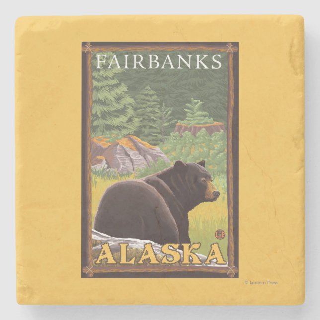 Schwarzer Bär im Wald - Fairbanks, Alaska Steinuntersetzer (Vorderseite)