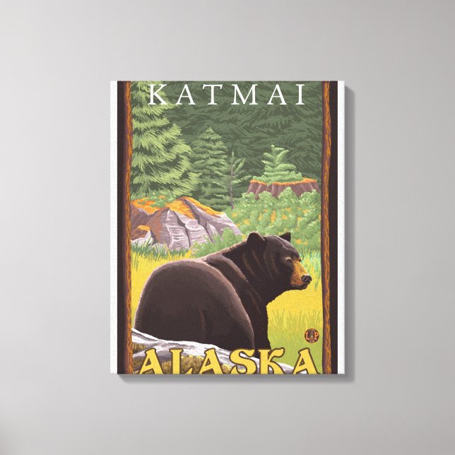 Schwarzer Bär im Wald - Katmai, Alaska Leinwanddruck (Vorderseite)