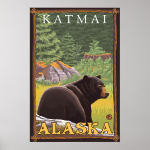 Schwarzer Bär im Wald - Katmai, Alaska Poster