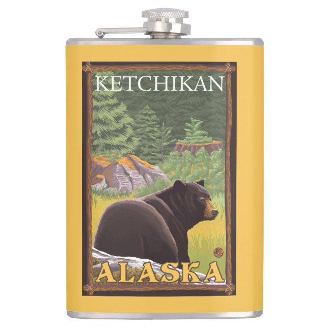 Schwarzer Bär im Wald - Ketchikan, Alaska Flachmann (Vorderseite)