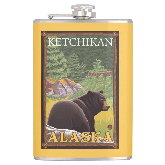 Schwarzer Bär im Wald - Ketchikan, Alaska Flachmann (Vorderseite)