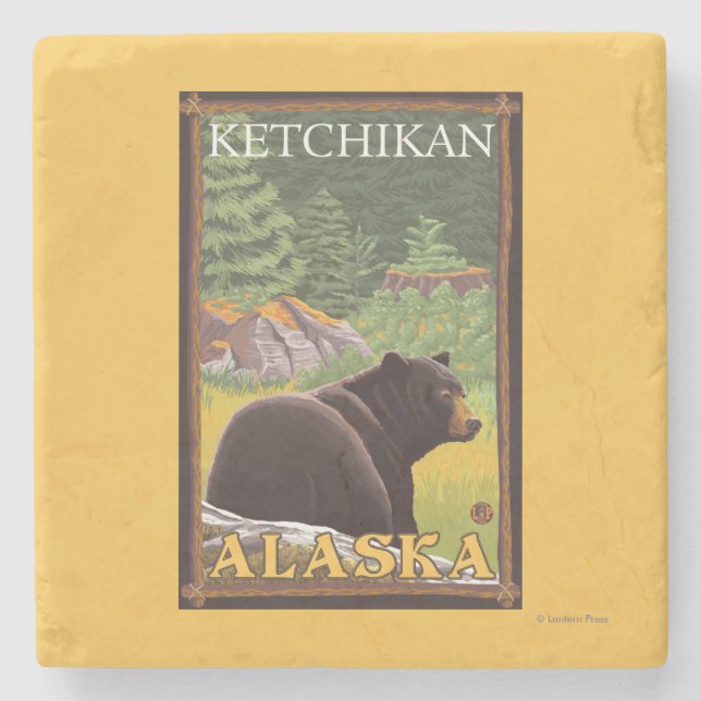 Schwarzer Bär im Wald - Ketchikan, Alaska Steinuntersetzer (Vorderseite)