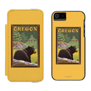 Schwarzer Bär in der Waldszenen-Vintagen Reise Incipio Watson™ iPhone 5 Geldbörsen Hülle