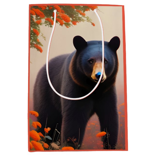 Schwarzer Bär in orangen Blume Mittlere Geschenktüte (Vorderseite)