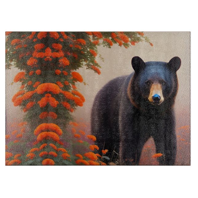 Schwarzer Bär in orangen Blume Schneidebrett (Vorderseite)