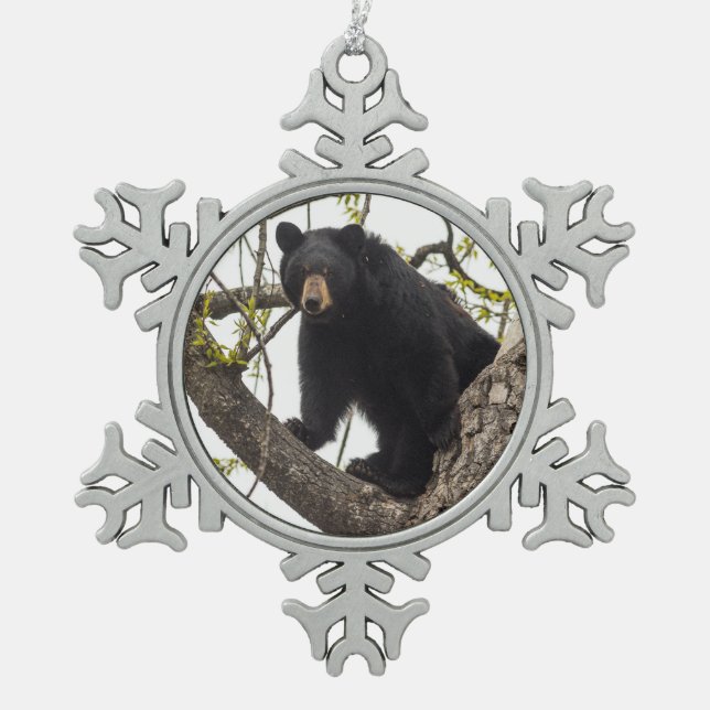 Schwarzer Bär klettern Schneeflocken Zinn-Ornament (Vorderseite)