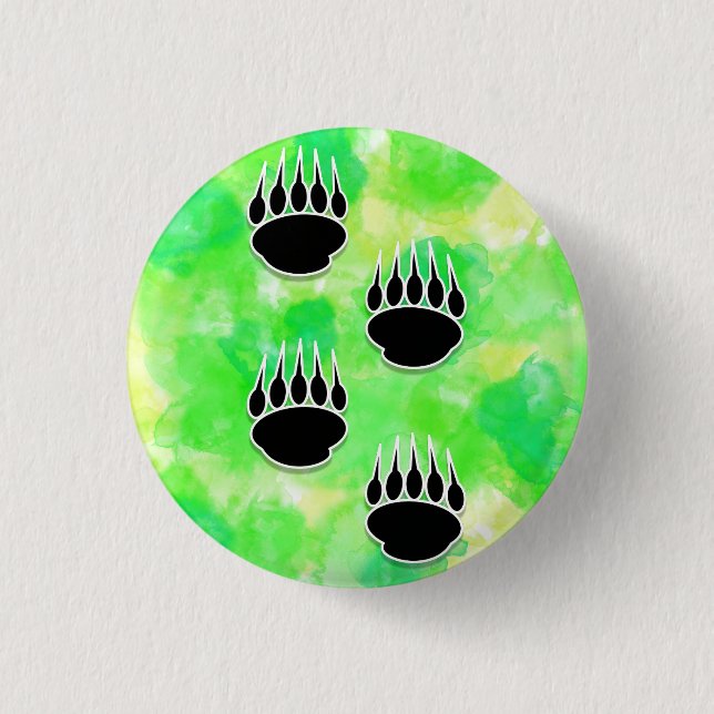 Schwarzer Bär Paw druckt grüne Wasserfarbe Button (Vorderseite)