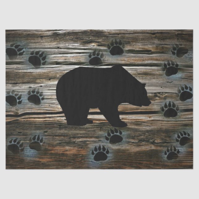 Schwarzer Bär Paws Rustikales Holz Seidenpapier (Vorderseite)