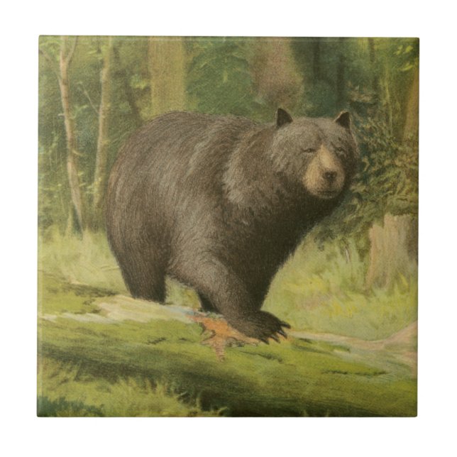 Schwarzer Bär Stepping auf einem Baumstamm Fliese (Vorderseite)