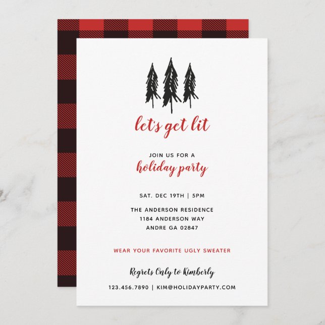 Schwarzer Baum - Karierte Patternparty Einladung (Vorne/Hinten)