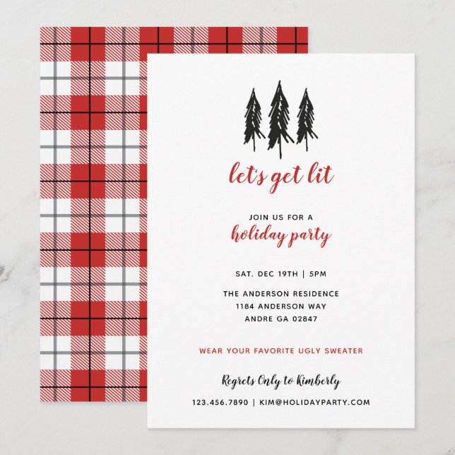 Schwarzer Baum-roter Flanell-kariertes Einladung (Vorne/Hinten)