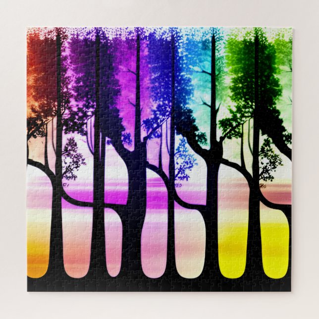 Schwarzer Baum Silhouetten im Abstrakten, farbenfr Puzzle (Horizontal)