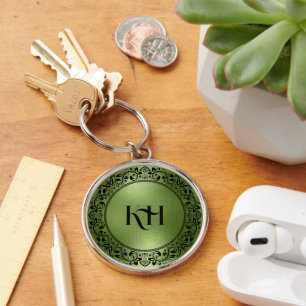 Schwarzer Blumenkreis Iridescent Green Textur Schlüsselanhänger