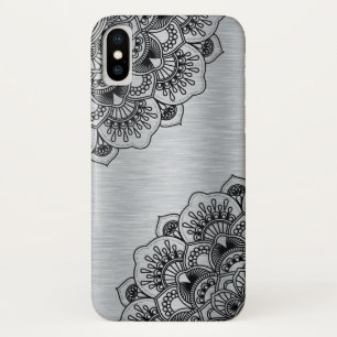 Schwarzer Blumenmandala auf silber gebürstetem Alu Case-Mate iPhone Hülle