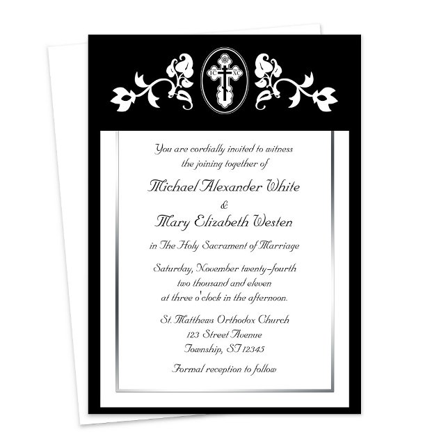 Schwarzer Blumenrahmen - orthodoxe Einladungen zur (Black Floral Frame - Orthodox Wedding Invitations at Ammia's Orthodox Online Store on Zazzle. )