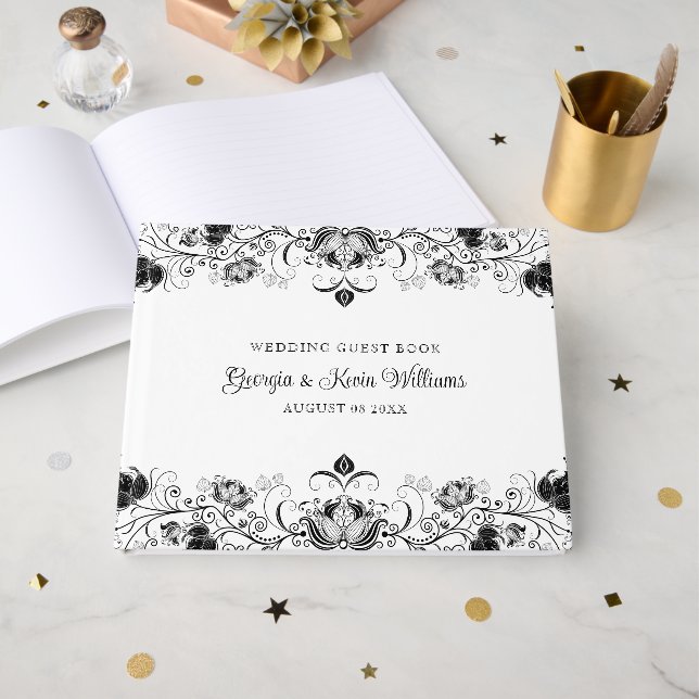 Schwarzer Blumenrand in Weiß Gästebuch (Vorderseite Offen)