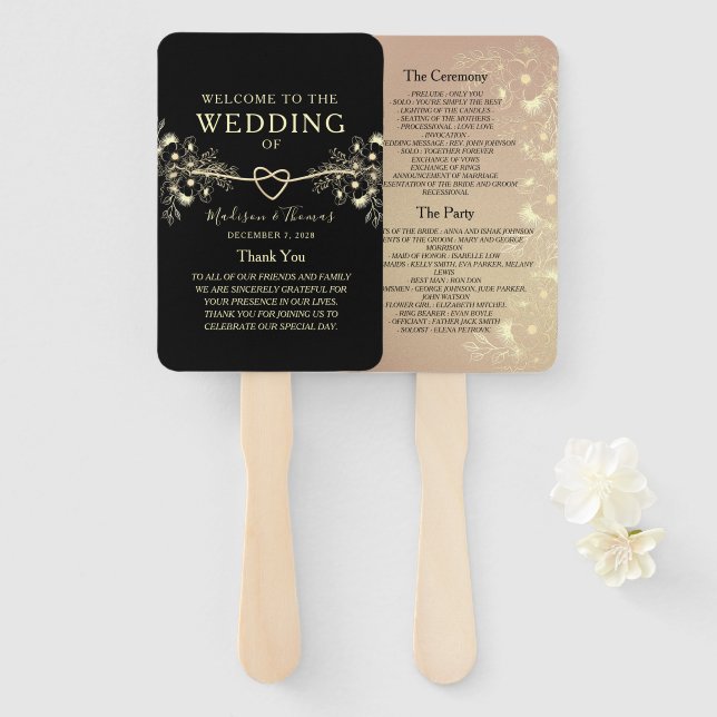 Schwarzer Blumiger Hochzeitsprogramm-Fächer aus Go Fächer (Vorne und Hinten)